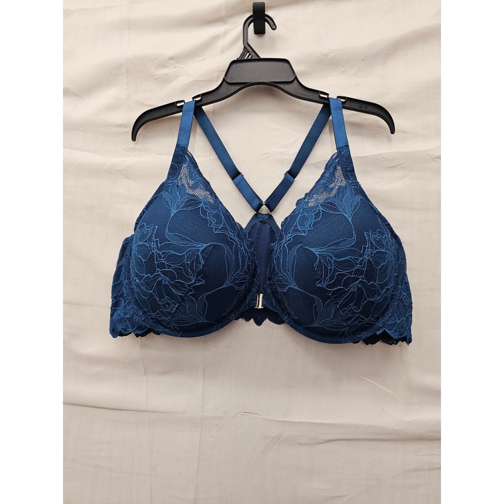 Auden Womens Lace Front Close Push Up Plunge Bra Blue Nylon Blend Size 46DD